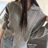 Jaqueta de tricô com gola alta estilo vintage de alta qualidade para mulheres, Dongdaemun coreano, casual solta, de manga comprida, com tranças, para mulheres