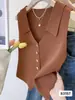 Top de Malha sem Mangas Estilo Francês com Botões de Fileira Única, Colarinho Reversível Falso para Afinar o Corpo, Slim Fit de Luxo Leve para Mulheres, Fornecimento Direto de Fabricante Transfronteiriço