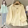 Camisa Feminina Plus Size Estilo Francês Fresca com Design de Manga Bufante Bordada Versátil Solta que Cobre a Barriga