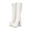 Botas femininas de moda de cor sólida com salto ultra-alto, botas de cano alto de tamanho grande para outono e inverno, bico redondo, plataforma impermeável, botas femininas de couro patenteado transfronteiriças, versátil