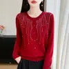 Cardigan de Punto Pesado con Perlas y Cuello Redondo para Mujer, Suéter Abrigo Holgado con Incrustaciones de Pedrería tipo Meteoro, Nuevo Otoño 2026