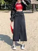 Falda de Mezclilla Negra para Mujer Primavera y Verano 2024 Nueva Cintura Alta Adelgazante Falda de Corte A de Longitud Media con Abertura en la Cadera