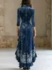 Vestido Camisa de Terciopelo Azul Real Vintage 2026 con Volantes Estampados, Abertura, Corte Ajustado, Bodycon, Manga Larga