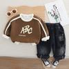 Conjunto de duas peças de moletom com gola redonda e letras para meninos, primavera e outono, primavera e outono, calças jeans para bebês