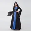 Disfraz de Bruja de Halloween Transfronterizo Vestido Largo con Estampado de Cielo Estrellado Medieval con Mangas de Campana y Cinturón para Fiesta y Actuación