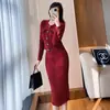 Conjunto de vestido rojo para mujer, elegante y ajustado, conjunto de dos piezas de punto con falda para invierno