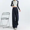 Fotos reales de la nueva colección de otoño: Pantalones deportivos estilo americano para mujer, con cintura alta, efecto adelgazante, corte holgado, tela fluida, diseño de pierna recta y estilo de pierna ancha.