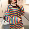 Camiseta com listras de arco-íris de edição grande solta 2021 novo estilo Hyun Ya Style Top de manga comprida primavera e outono Harajuku Hong Kong Style Roupas femininas