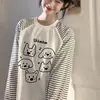 Camiseta de Manga Larga con Rayas Estampadas y Empalmes Divertida y Linda para Mujer, Moderna y Versátil, Estilo Casual Perezoso Cuello Redondo Top de Contraste