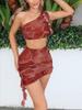 Llegada de Verano 2025 Conjunto de Dos Piezas Falda Estampada de un Hombro con Volantes para Mujer Traje de Moda Europeo y Americano Sexy Ajustado