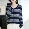 Cárdigan de Cuello en V para Mujer Bloque de Color Rayas Calado Manga Larga Prenda Exterior Superior Nuevo Estilo Principios de Otoño Top Interior Apilable