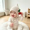Gorros unisex de estilo coreano para niños para otoño e invierno, cálidos, dulces y adorables gorros de punto con orejeras de patrón de cereza, gorros de elfo para bebé súper lindos