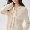 Suéter de Cashmere com Costura Canelada Design de Nicho Novo Tricô Feminino Gola Redonda Moda Cardigã de Manga Longa Cor Sólida com Amarração