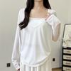H197 Blusa Grande de Cuello en V con Protección Solar para Mujer Verano Delgado Manga Larga Top Holgado Estilo Perezoso Camiseta de Punto Casual para Usar por Encima