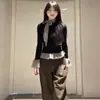 Camisa Base de Manga Larga a Cuadros con Parches y Encaje para Mujer, Elegante Ajuste Delgado para Usar en Capas