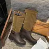 Botas Longas Retrô Marrons Patchwork para Mulheres 2026 Novas Botas de Outono Acima do Joelho com Saltos Grossos Versáteis Botas de Montaria de Cano Alto