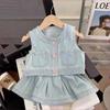 Conjunto de Verão para Meninas Coreano Duas Peças Top de Botão Único de Alta Qualidade Saia Curta Conjunto Estilo Coreano