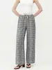 Com*PedidoCalça Wide Leg Cinza Xadrez Texturizada Vintage com Cordão Elástico Cintura Alta Linho Casual Calça Reta