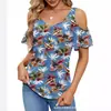 Roupas Femininas Transfronteiriças Europeias e Americanas 2025 Amazon Verão Novo Ombro a Ombro Estampado Decote V Manga Curta Solto Top Camiseta
