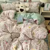 Conjunto de Roupa de Cama de Algodão Lavado Puro Estilo Ins de Grau Materno e Infantil, Conjunto de Quatro Peças, Lençol, Capa de Edredom, Lençol com Elástico, Conjunto de Três Peças para Dormitório Estudantil