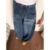 Jeans Lavado Estilo Retrô Americano para Mulheres, Tendência Outonal de Cintura Alta Versátil Solto Modelador Perna Reta Larga
