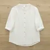 Camisa blanca para mujer de estilo fresco y sencillo con ribete de encaje, manga media, cuello camisero artístico, base abotonada, manga corta, cuello mao, camisa base moderna