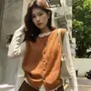 Colete Cardigan de Lã Escovada com Gola Redonda para Camadas Feminino Outono Novo Estilo Casaco Suéter Top de Tricô
