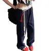 Pantalones de chándal casual retro azul marino para mujer 2026 Nuevo estilo de principios de otoño Cintura con retazos Pantalones deportivos Pantalones holgados de pierna ancha