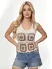 Colete de crochê para férias de verão, colete floral de crochê estilo granny square vintage para mulheres, top sem mangas com decote V vazado estilo étnico