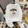 Camiseta Blanca Casual para Mujer de Estilo Universitario Californiano con Estampado de Oso Blanco, Cuello Redondo, Manga Larga, Holgada, Transfronteriza Europea y Americana, Adecuada para Verano