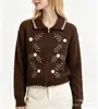 Cárdigan de punto con bordado floral artístico para mujer, nuevo estilo otoño/invierno, con cuello de solapa, ribete de encaje y cierre de cremallera, una chaqueta suéter de estilo retro