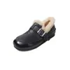 Couro de ovelha de primeira camada + tira de pelo de cordeiro fivela sapatos de couro pequenos femininos forro de veludo sapatos baixos quentes outono e inverno novo bico redondo 3,5CM