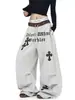 Pantalones de chándal casual retro hip-hop con estampado de leopardo y retazos, estilo coreano, plisados, de pierna ancha, para mujer, versátiles para primavera y danza de jazz
