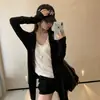 Chaqueta cárdigan negra para mujer, fina, holgada, casual, de longitud media, top de punto adelgazante para otoño e invierno