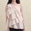 Top de Tencel con Volantes en Capas, Cinta y Hombro Asimétrico, Top de Volantes Único, En Stock