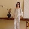 Novedad de Primavera para Mujer Todas las Estaciones Satén de Rayón Hermoso Estampado de Enredaderas Set de Pijama con Solapa Ropa de Casa
