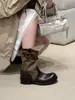 Botines cortos de mujer de color block retro, nuevo estilo de verano 2026 con tacón grueso, hebilla de cinturón, botas de moda, botas plisadas apiladas, botas de montar