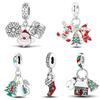 Caixa de Presente Floco de Neve Temática de Natal Pingente de Contas Papai Noel Banhado a Cobre Prata 925 Pulseira DIY Presente de Natal