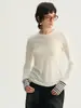 [Original] Camiseta de Manga Larga con Bloques de Color Rayados, Diseño Impulsado por la Temporada Primavera/Verano, Aspecto de Dos Piezas Cosidas, Patchwork para Mujer en Lana Tencel con Cuello Redondo