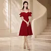 Vestido de Verano Corto Rojo sin Tirantes Hombros Descubiertos para Mujer con Mangas de Volantes, Falda de Línea A de Cintura Alta, Vestido para Reunión de Fiesta de Cumpleaños