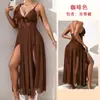 Bata de noche de encaje de perlas estilo europeo y americano, escote en V pronunciado, doble abertura, malla transparente, longitud larga, camisola sexy para casa para mujer 898
