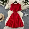 Vestido de tricô estilo sal e pimenta com decote em V, manga curta, modelagem justa, que rejuvenesce, para mulheres, verão, cintura marcada, afina, saia evasê, saia de temperamento para o trabalho