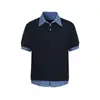 Popular Camisa Polo Americana Cleanfit Falsa Duas Peças com Retalhos Xadrez Manga Curta Masculina Solta Gola Lapela Roupa de Trabalho Camiseta