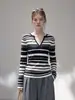 Suéter tejido de cuello en V a rayas blancas y negras estilo francés para mujer, principios de otoño, sofisticado, corte ajustado, blusa base favorecedora, top elegante