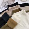 Suéter grosso e quente de gola alta média para outono e inverno para mulheres, blusa de base de tricô, cor sólida, estiloso, com forro interno de fleece integrado, moderno