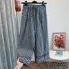 Foto Real de Calças Casuais Xadrez Soltas de Cintura Alta Estilo Coreano para Mulheres Verão Novo Cintura Elástica Perna Larga Reta