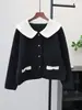 2025 Nuevo Estilo Otoño e Invierno Cárdigan de Lana de Punto Doble Cara Pequeño y Fragante de Color Contrastante Estilo Coreano Suéter Chaqueta de Diseño Holgado para Mujer