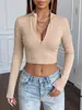 Camiseta versátil de manga larga con cremallera y medio cuello, corta, ajustada, popular en Europa y América, para mujer, venta caliente, sitio independiente de Amazon transfronterizo