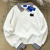 Moletom Spliced Estilo Coreano Gola Polo Caimento Relaxado Falso Duas Peças para Mulheres, Outono e Inverno 2025 Top de Lã Casual Solto