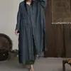 Cardigan Longo de Linho com Textura Zen Owis Feminino Bainha Desfiada Patchwork Solto Tamanho Grande Peça de Roupa Externa Artística Comprimento no Joelho Cardigan